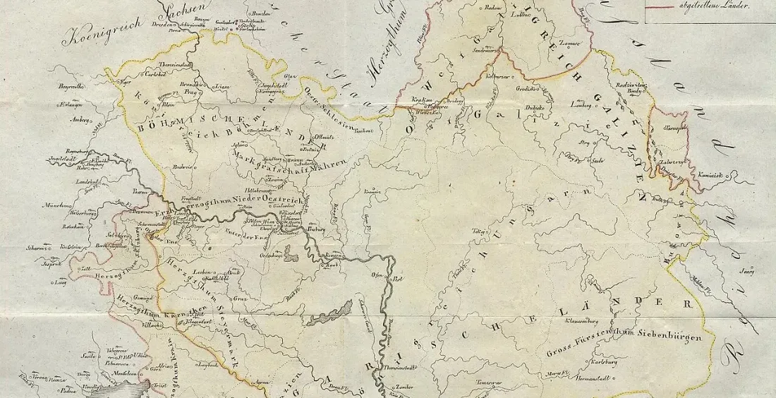 Mapa Cesarstwa Austriackiego z zaznaczonymi stratami terytorialnymi po pokoju w Schönbrunnie w 1809 roku.