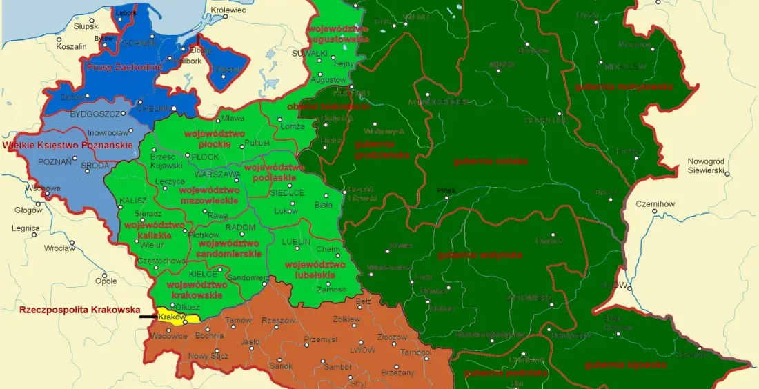Podział ziem polskich między trzy mocarstwa zaborcze w 1821 roku.