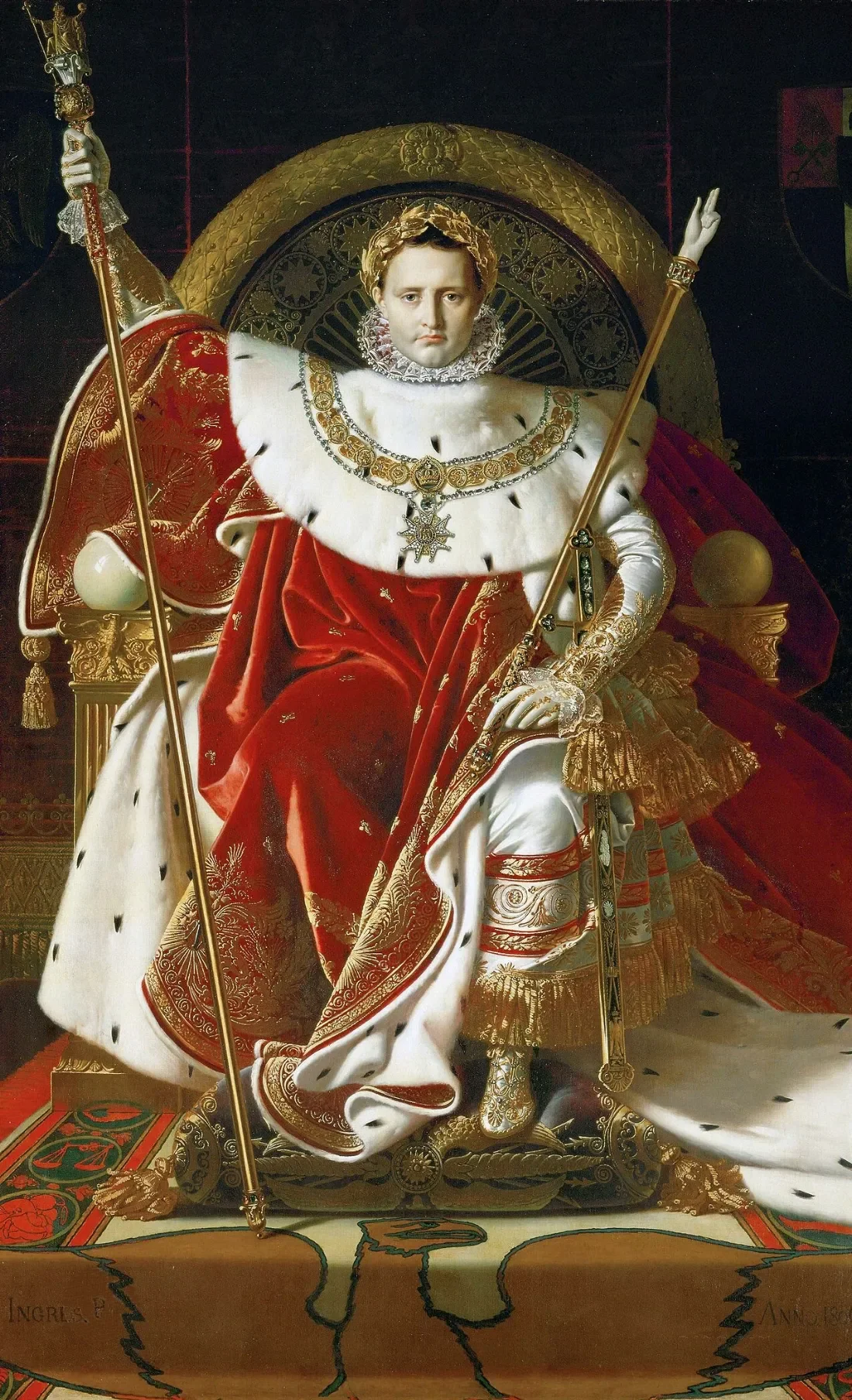 Napoleon Bonaparte na tronie cesarskim w pełnym majestacie władzy na obrazie Jeana Auguste'a Dominique'a Ingresa