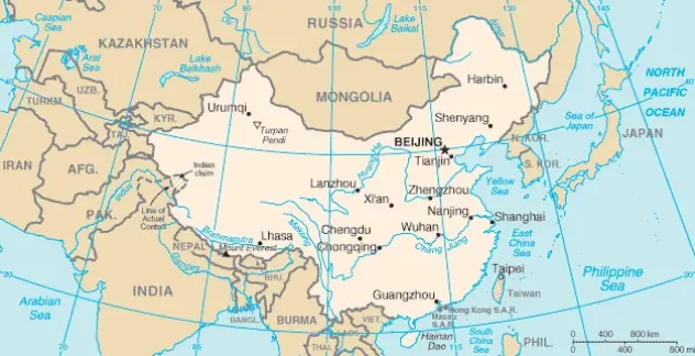 Mapa Chin z okresu dynastii Qing, pokazująca podziały terytorialne i wpływy mocarstw kolonialnych w XIX wieku.