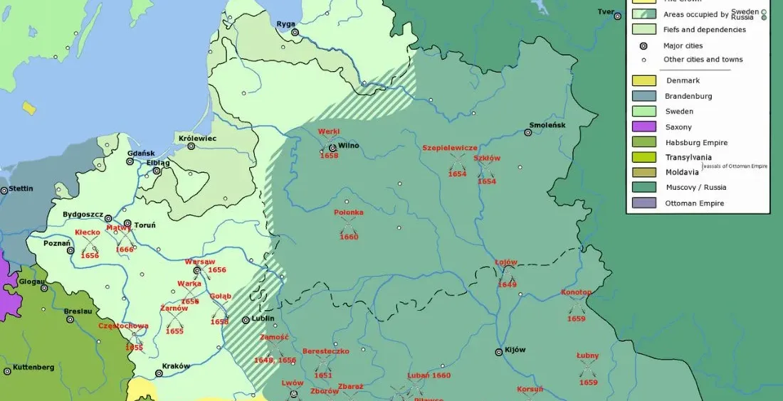 Mapa okupacji Rzeczypospolitej w czasie potopu szwedzkiego i powstania Chmielnickiego