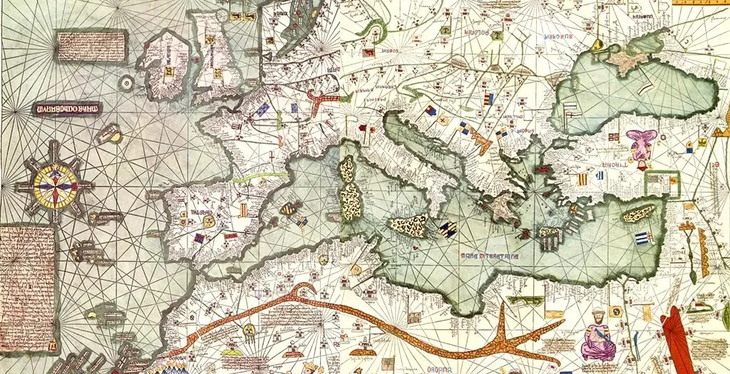Mapa Europy i Morza Śródziemnego z Katalońskiego Atlasu z 1375 roku.
