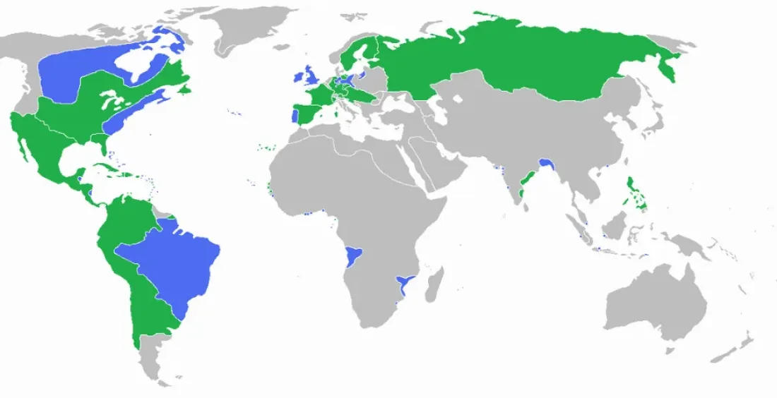 Mapa sytuacyjna przedstawiająca strony konfliktu w wojnie siedmioletniej przed jej rozpoczęciem.
