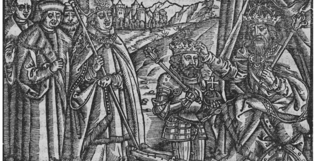 Koronacja Bolesława Chrobrego przez Ottona III w 1000 roku, rycina z Chronica Polonorum, Macieja Miechowity 1519