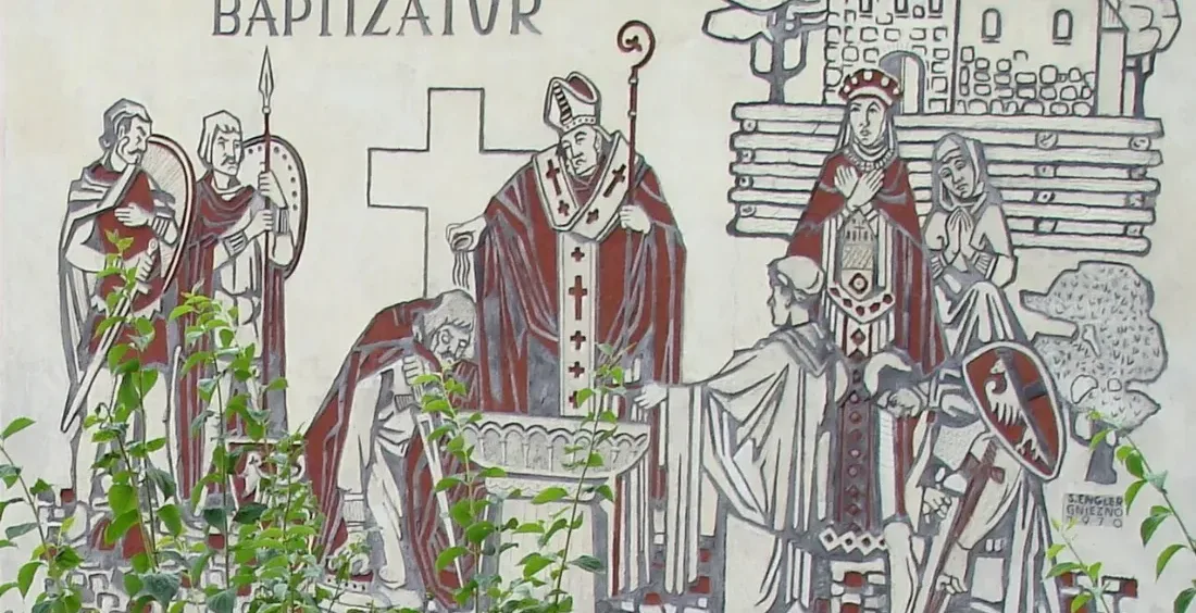 Mieszko bierze chrzest. Sgraffito na ścianie rezydencji biskupów pomocniczych w Gnieźnie