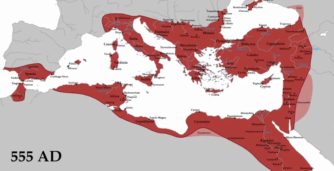 Imperium Wschodniorzymskie i jego wasale w 555 r. n.e. za panowania Justyniana I.