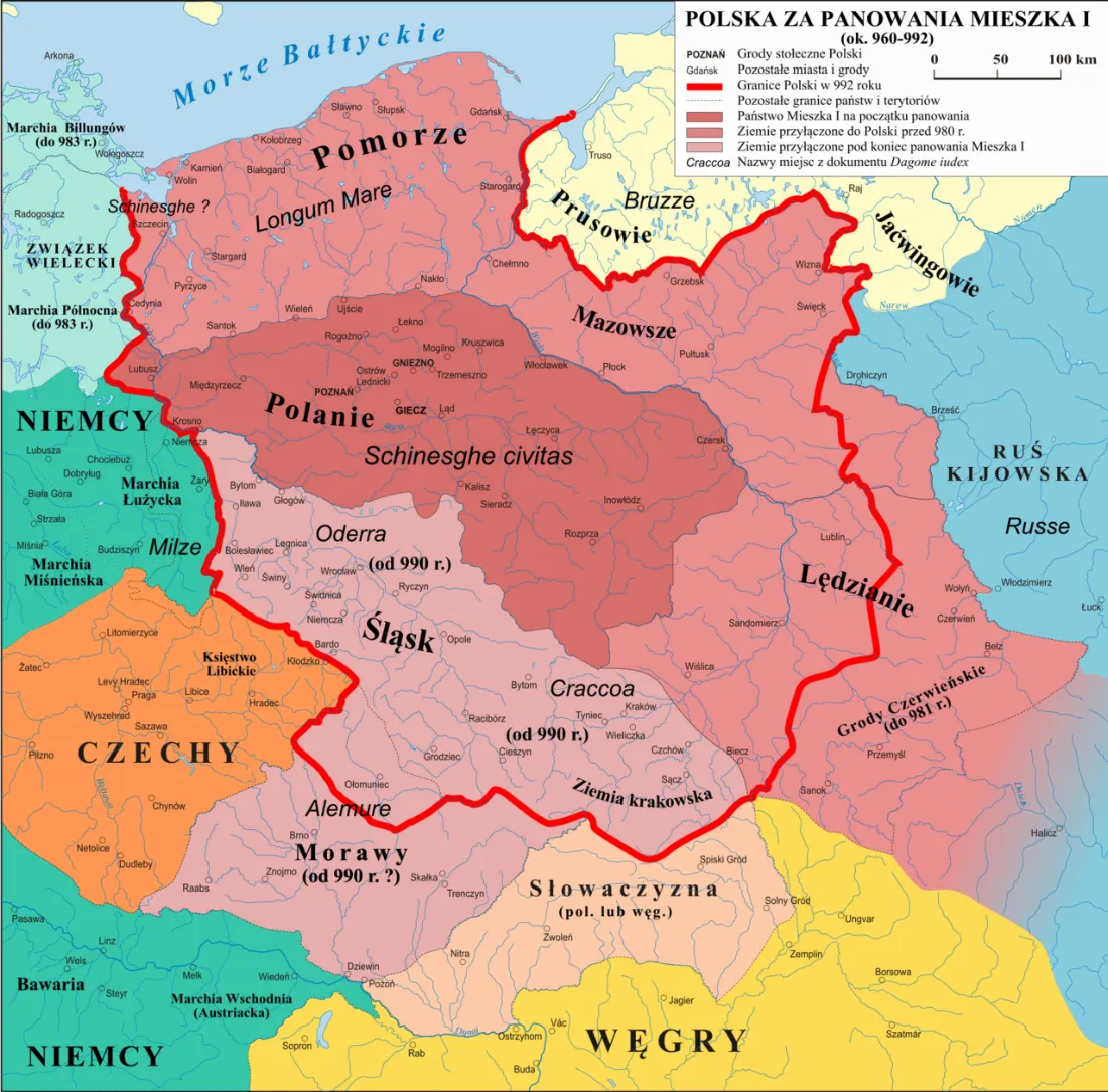 Mapa Polski za panowania Mieszka I ok. 960 - 992