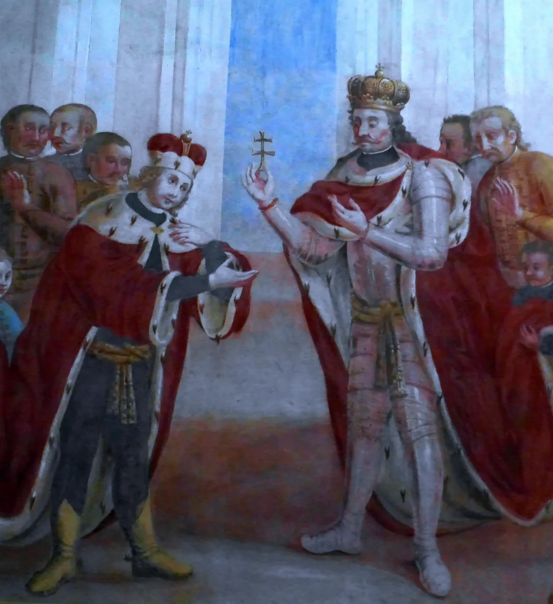 Stefan I Święty przekazuje relikwie Krzyża Świętego swojemu synowi, świętemu Emerykowi, na obrazie Macieja Reichana