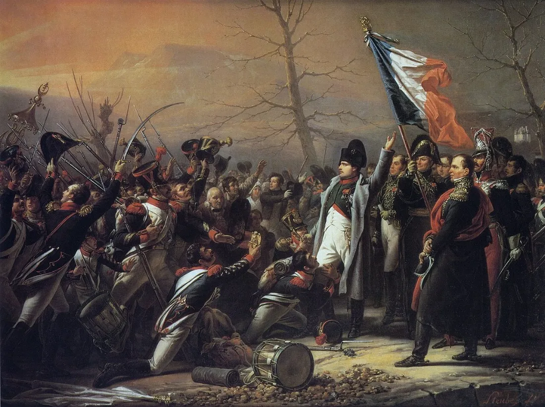 Powitanie Napoleona przez 7. pułk piechoty w Grenoble podczas powrotu z wygnania na Elbie w 1815 roku