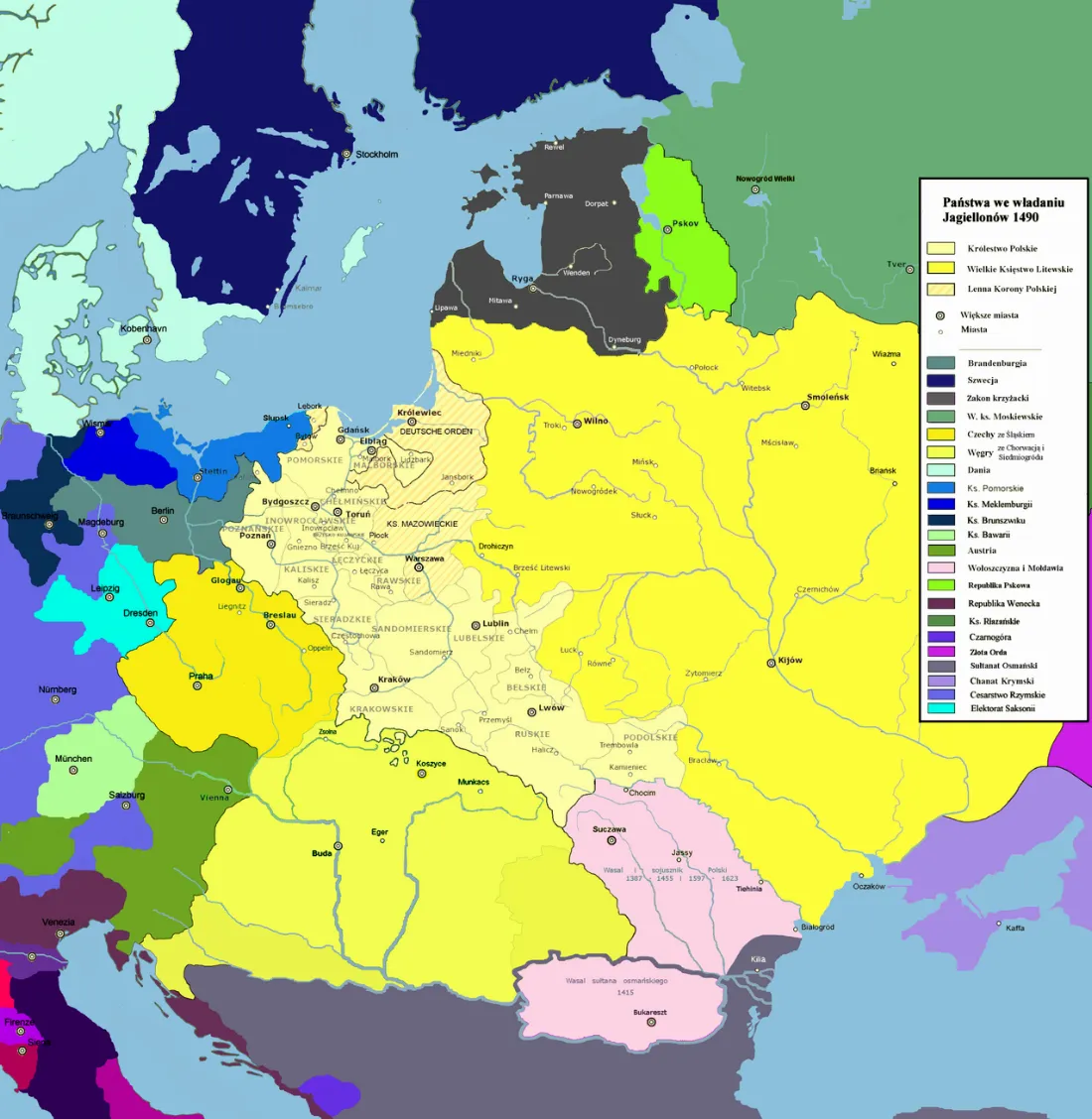 Obszar państw Jagiellonów w 1490 roku.