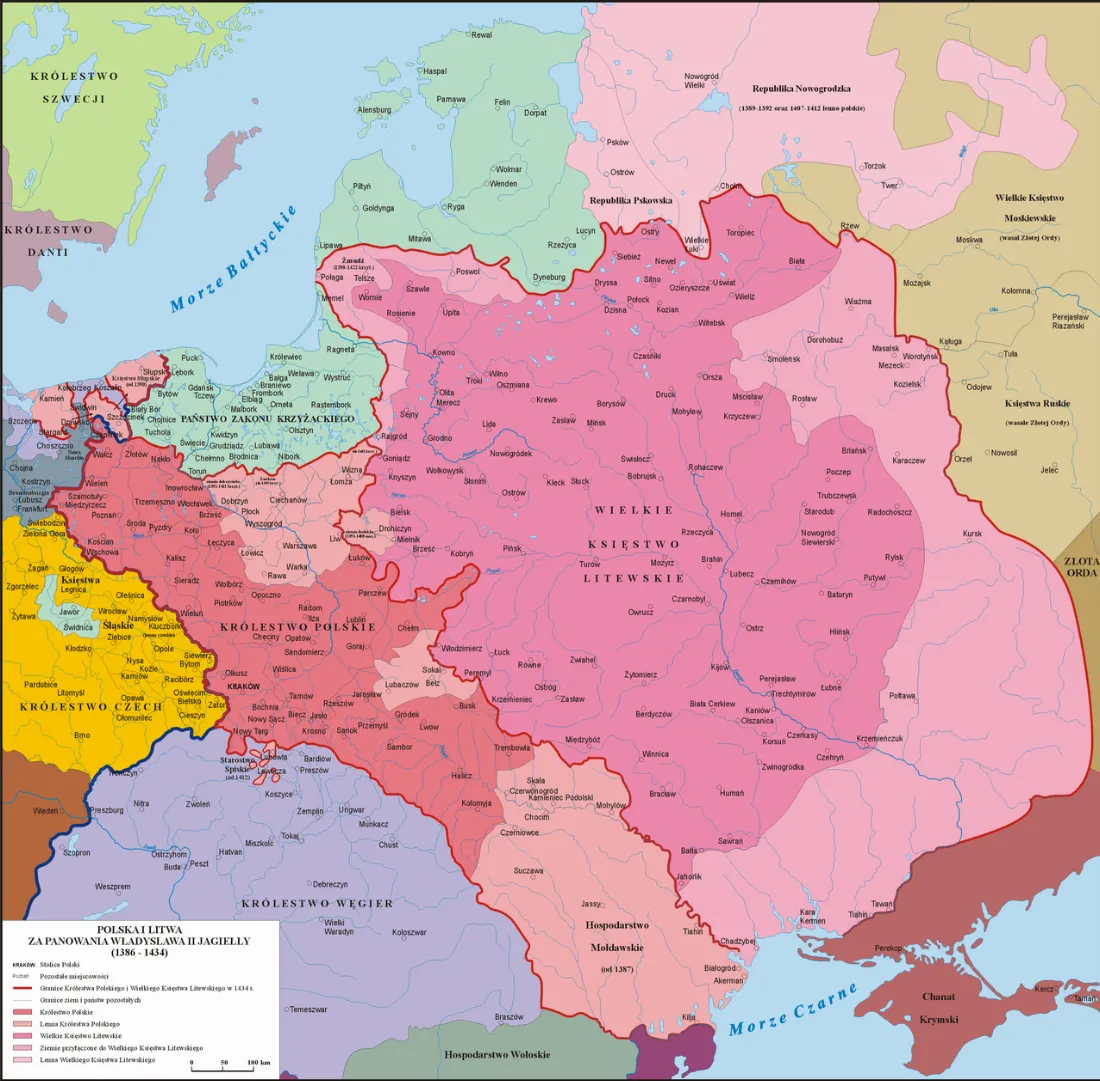 Mapa Polski i Litwy za panowania Władysława II Jagiełły 1386 - 1434 .
