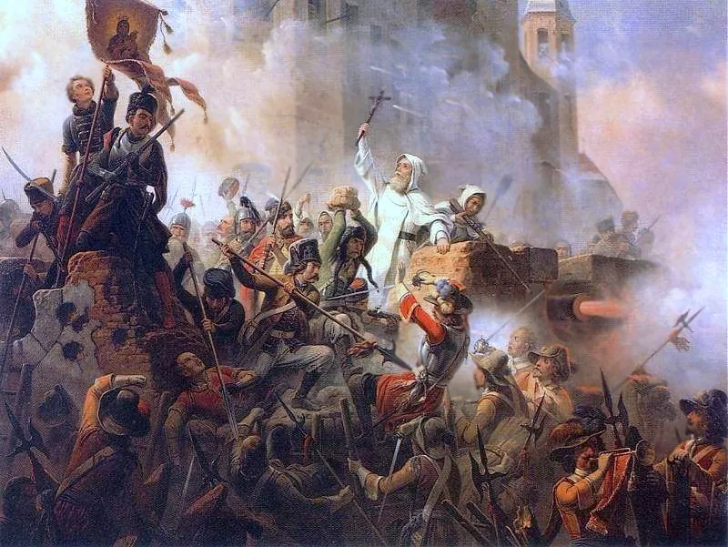 Widok twierdzy jasnogórskiej w XVII wieku, będącej kluczowym punktem oporu podczas potopu szwedzkiego