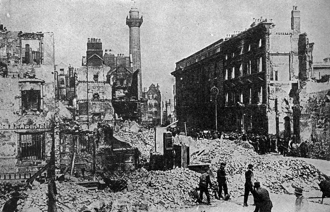Ulica Sackville obecnie O'Connell Street w Dublinie po zniszczeniach Powstania Wielkanocnego.