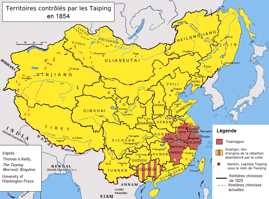 Zasięg powstania Tajpingów mapa francuska .