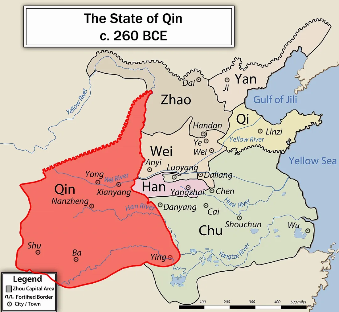 Mapa chińskiego państwa Qin z 260 r. p.n.e., ilustrująca historyczne granice i podziały terytorialne w Chinach.