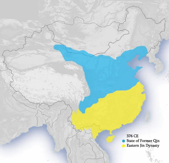 Mapa okresu Szesnastu Królestw 304-439 n.e. w Chinach, ukazująca podziały terytorialne i dynastie.