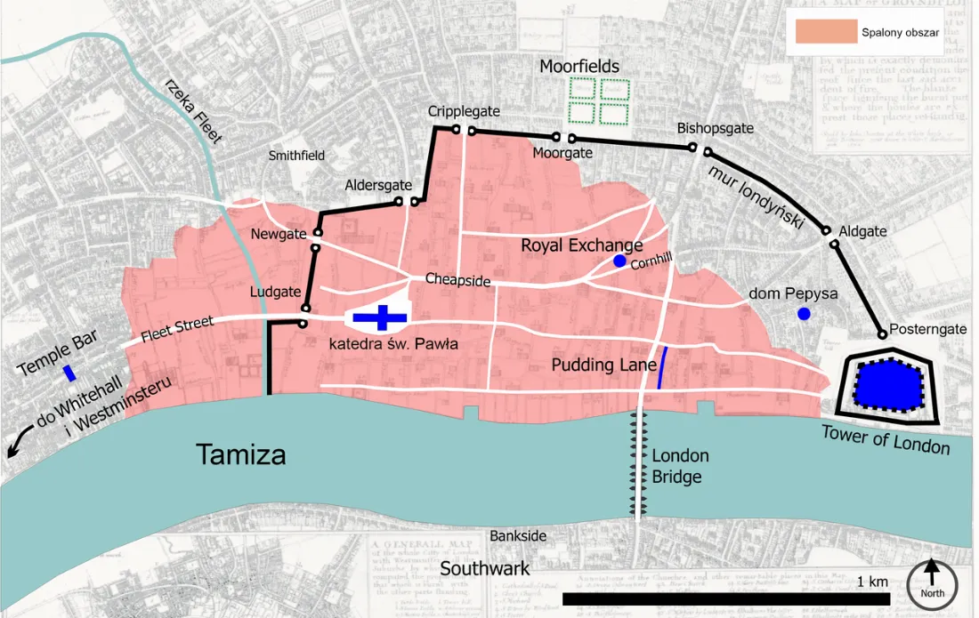Mapa przedstawiająca obszar Londynu zniszczony podczas wielkiego pożaru w 1666 roku.