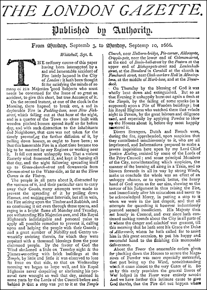Pierwsza strona The London Gazette z września 1666 roku, informująca o pożarze Londynu.
