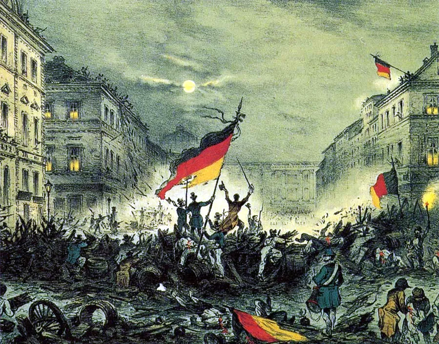 Ereignisblatt aus den revolutionären Märztagen 18.-19. März 1848 mit einer Barrikadenszene aus der Breiten Strasse, Berl
