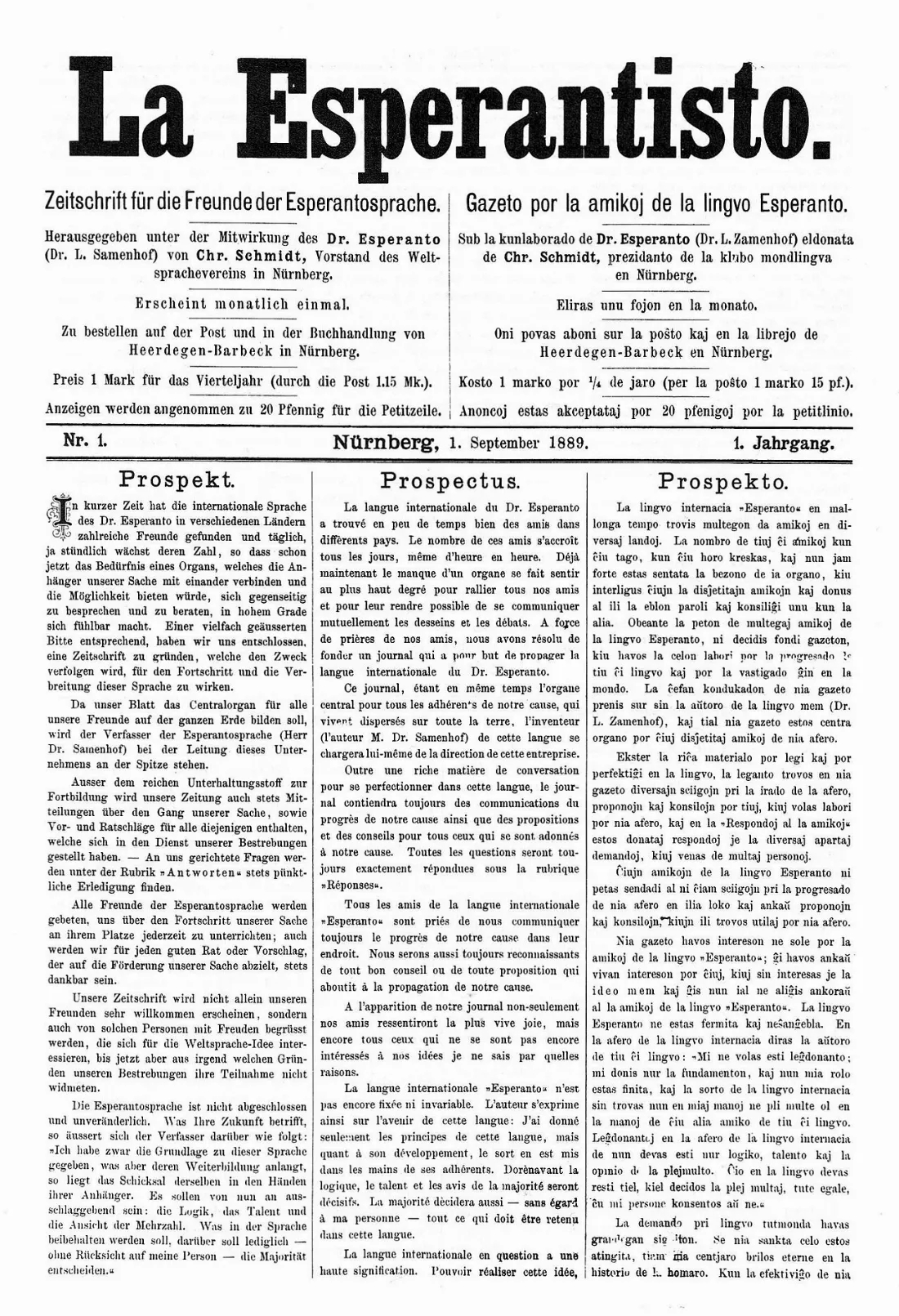 Pierwszy numer czasopisma „La Esperantisto” z 1889 roku.