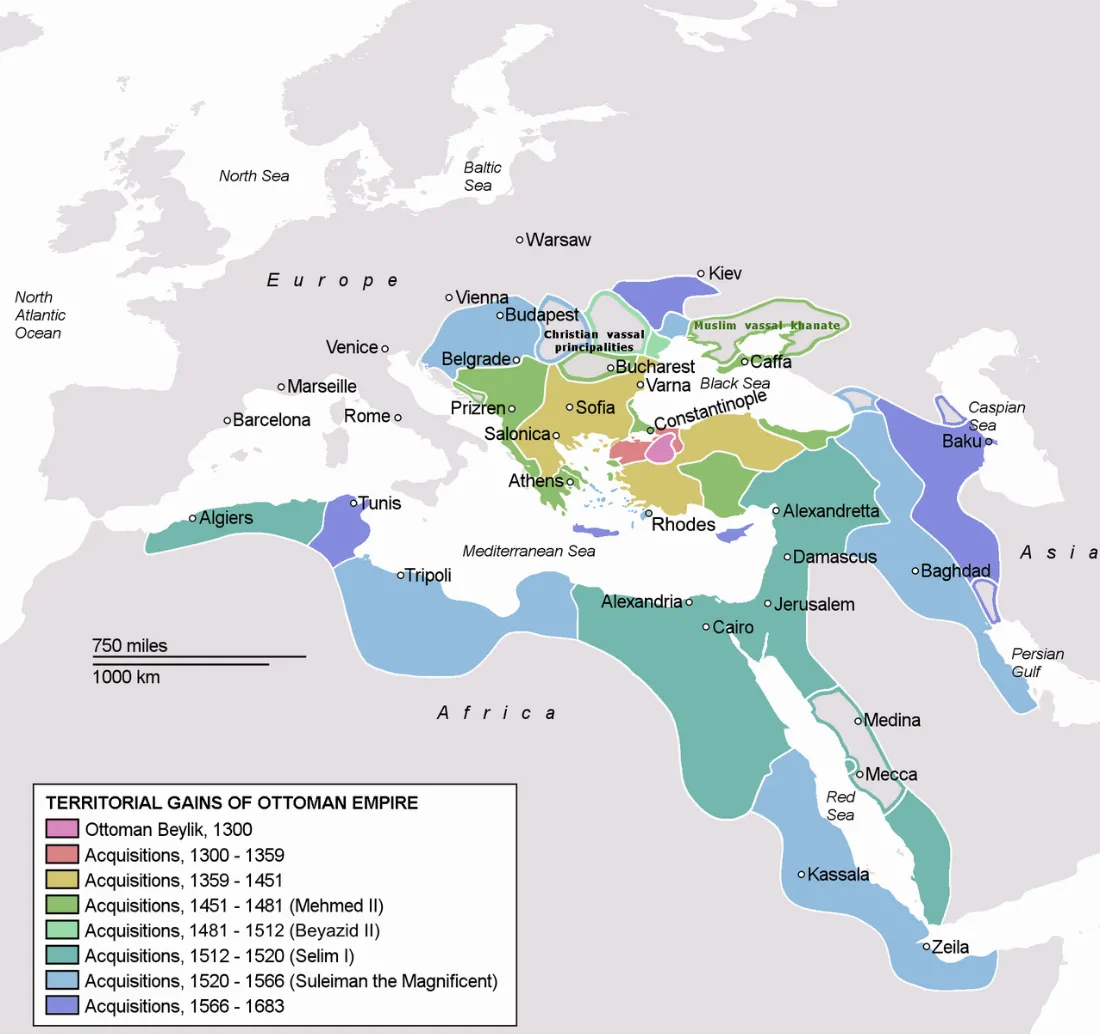 Mapa przedstawiająca Imperium Osmańskie w jego największym zasięgu w 1683 roku.