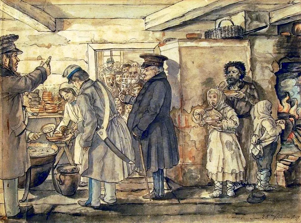 Rozdawanie posiłków w Sanoku w 1847 roku.